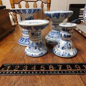 4 Vintage blue porcelain candle stick holders